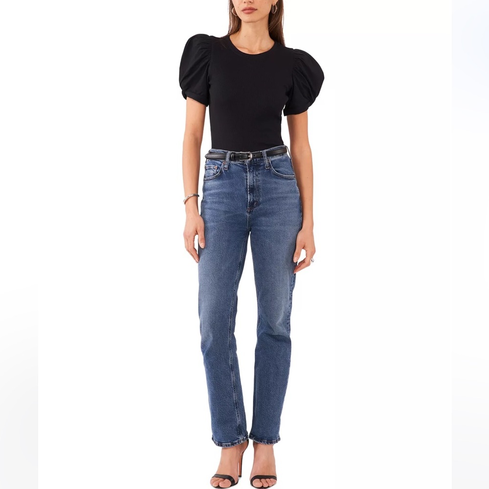 Calvin Klein Puff Sleeved, Ribbed Blouse-Size Medium